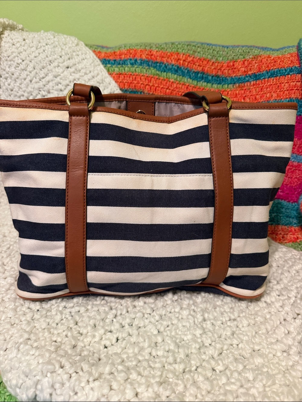Michael Kors Navy and White Striped Tote with Brown Trim - Picture 2 of 8